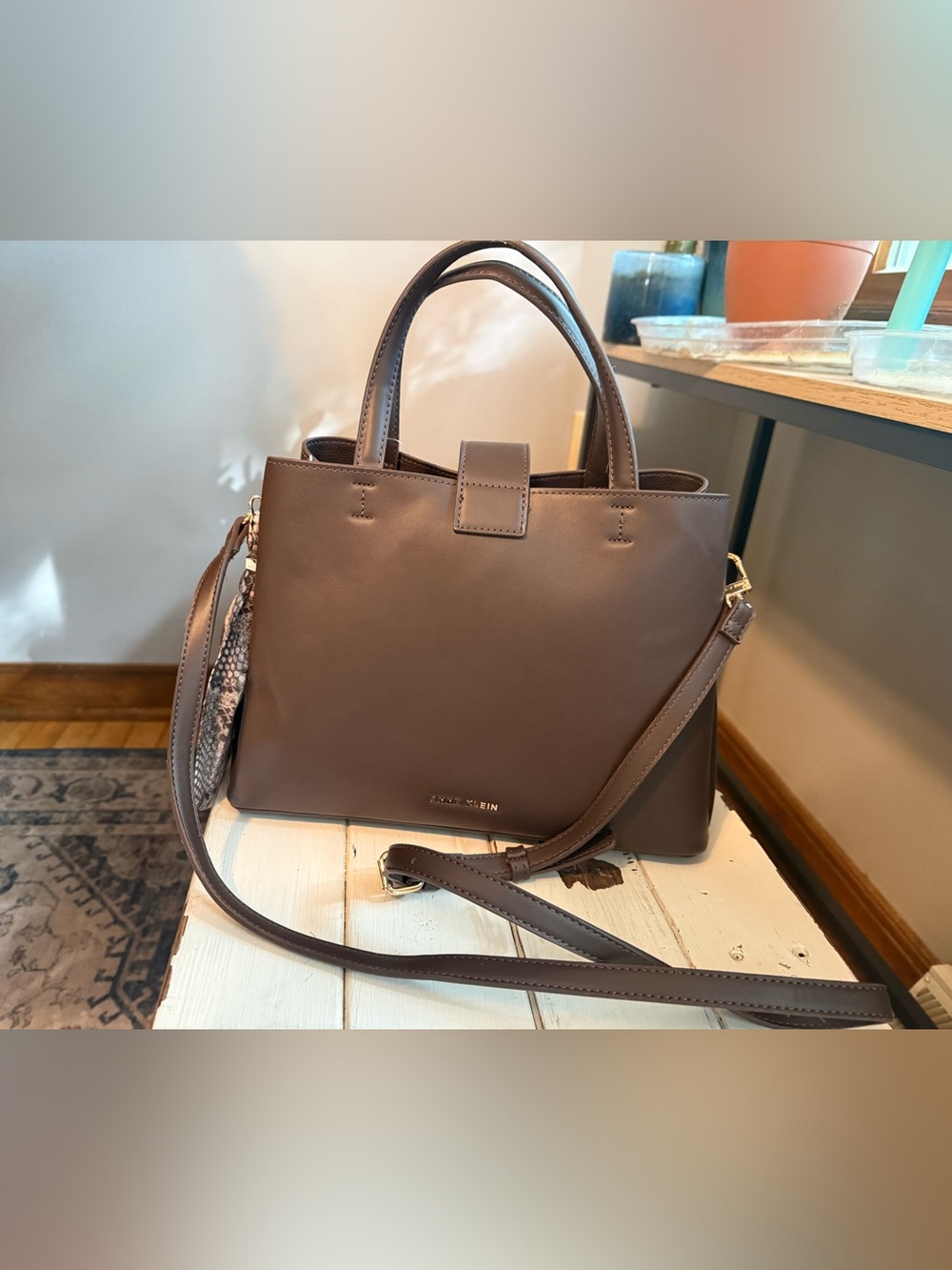 Anne Klein Medium Brown Leather Satchel Scarf Accent Women Top Handle Bag